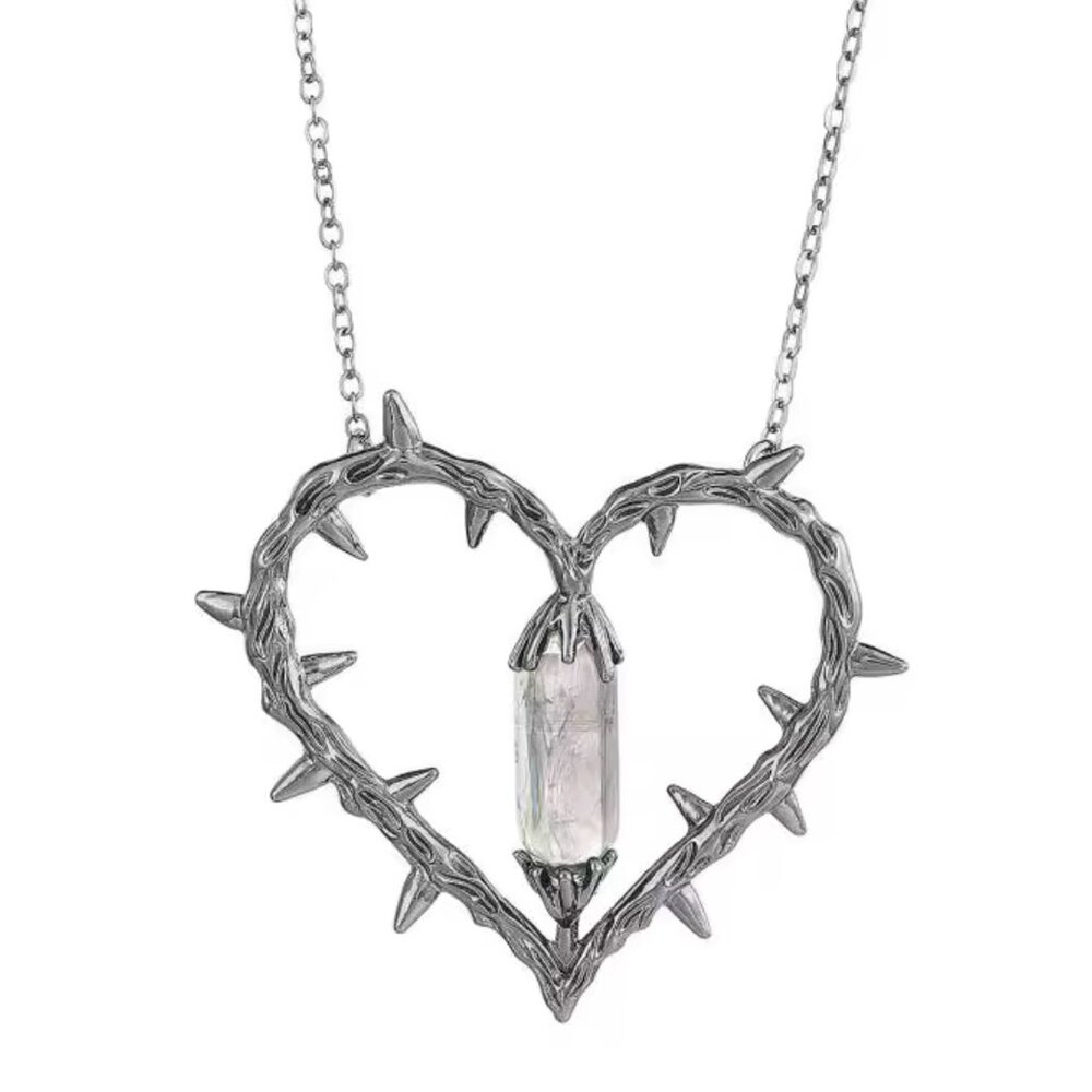Thorny Gunmetal Heart with Crystal Center Necklace